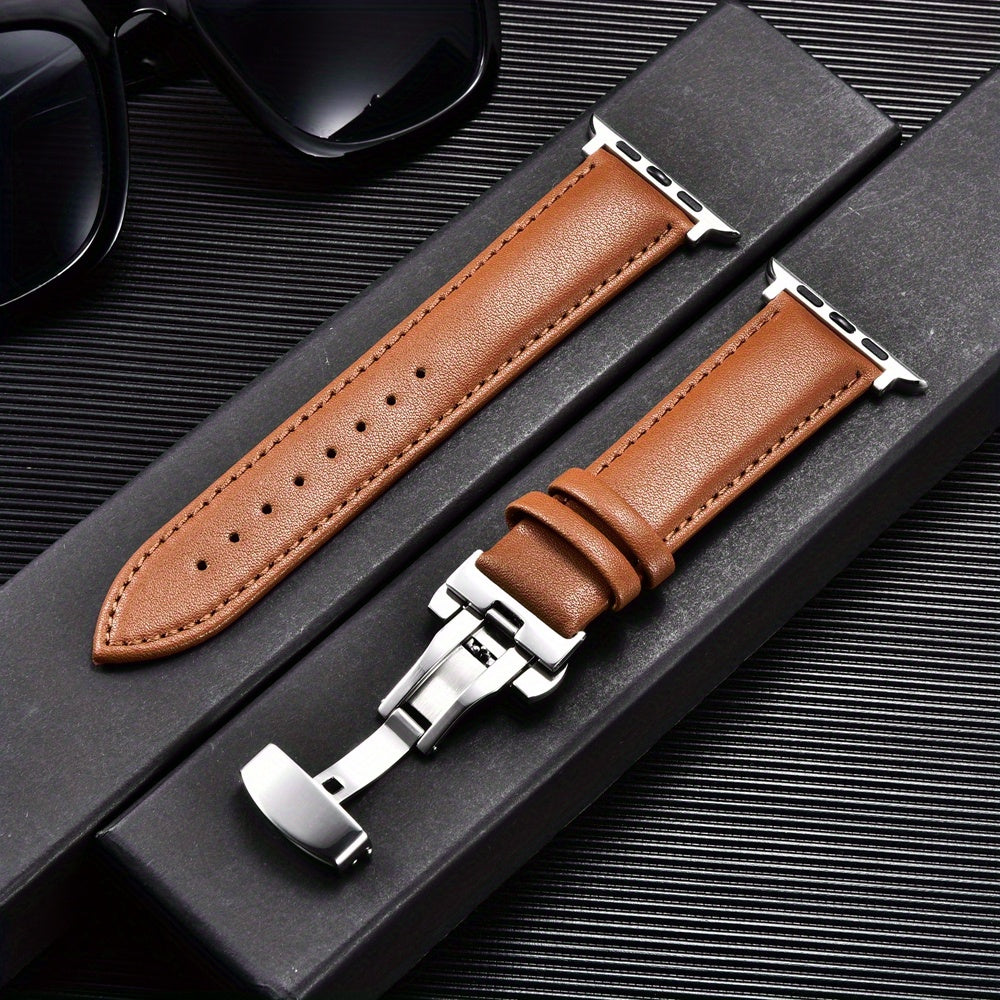 PU Leather Watch Band with Butterfly Clasp Compatible with All Apple Watch Models 38/40/41mm 42/44/45/49mm