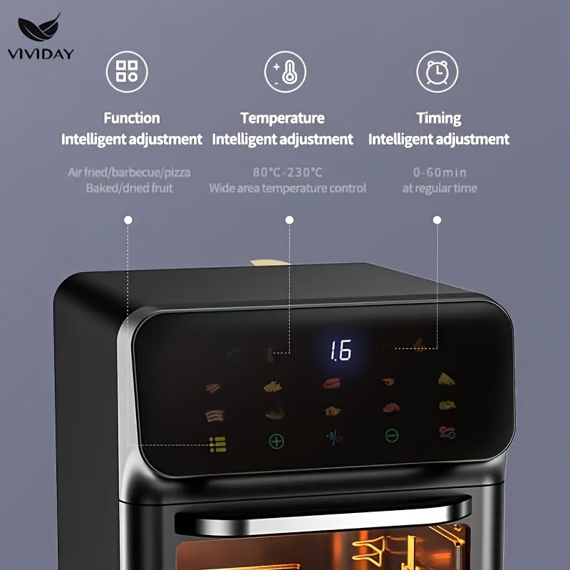 Raqamli sensorli ekran va vizual oynaga ega ko‘p funksiyali havo qovurgich, kichik oshxonalarda pishirish, shashlik qilish, qayta isitish va yog‘siz qovurish uchun ideal.
