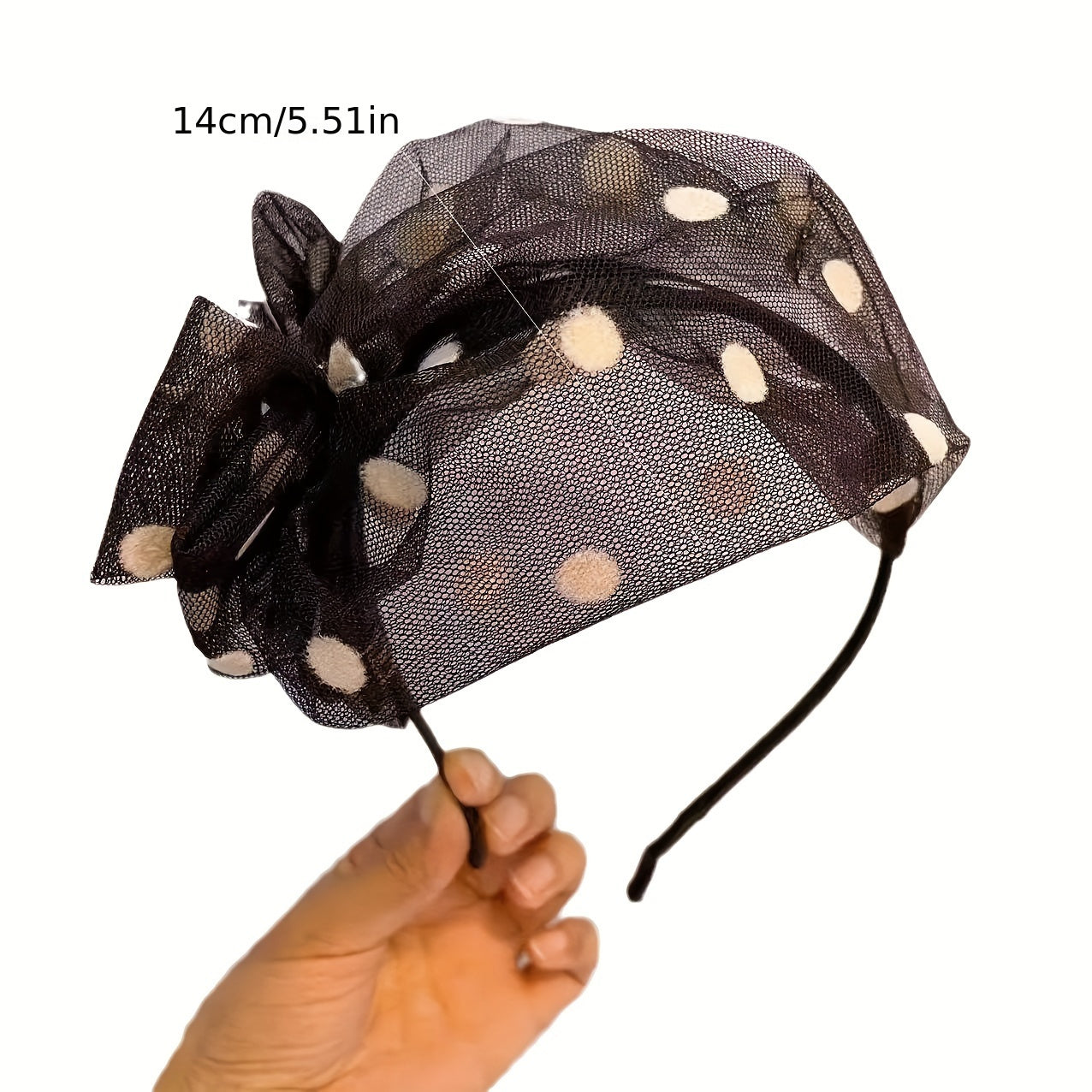 Wide-Brim Headband with Polka Dot Mesh and Bow for Summer Events
