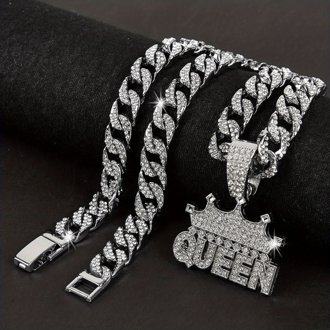 Women's Cuban Link Chain Necklace with Crown Queen Pendant Rhinestones Hip Hop Style