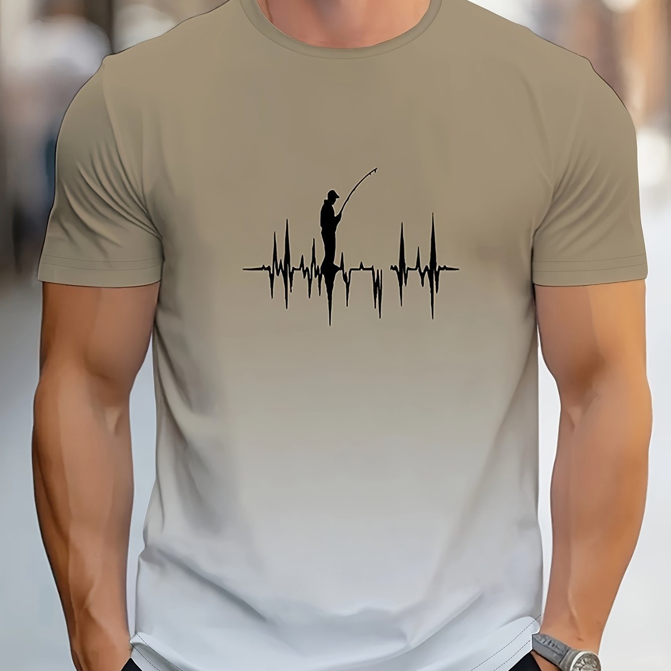 Erkaklar uchun tasodifiy baliq ovlash printli futbolka, cho'ziluvchan mato va dumaloq bo'yin bilan, yozgi ko'cha uslubi uchun mukammal.