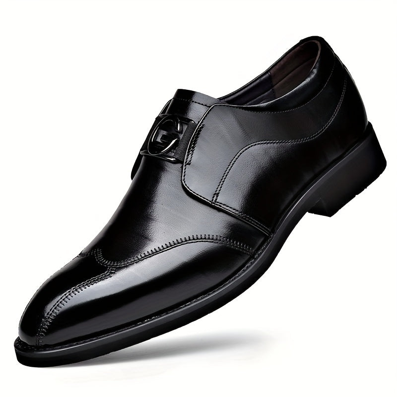 Men's Black Slip-On Dress Shoes with Wingtip Design Cushioned Insole and Non-Slip Rubber Sole