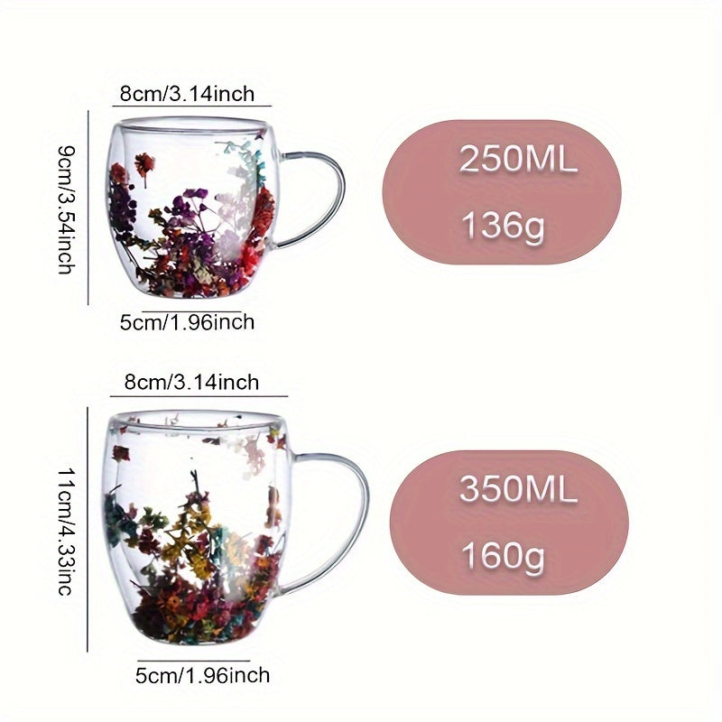 Double-Wall Glass Coffee Mug with Dry Flowers 250-350ml BPA-Free Hot Cold Drink