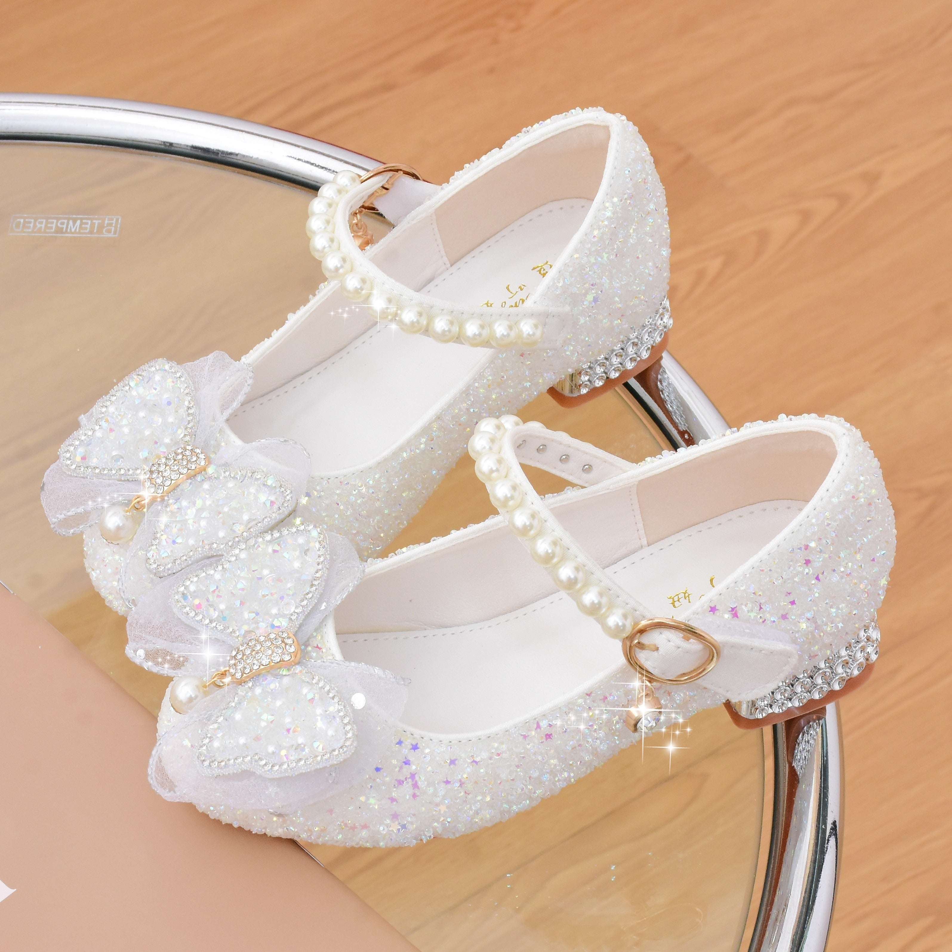 Girls High Heel Shoes with Bowknot and Pearl Embellishments for Parties and Events