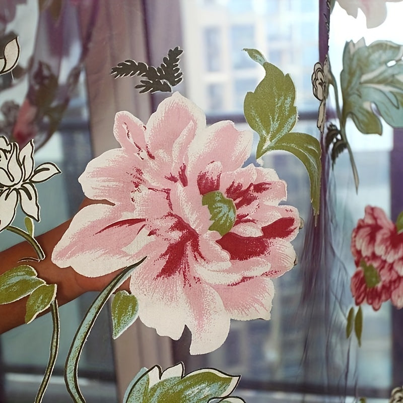 French Country Style Peony Floral Sheer Curtain 100cm x 200cm Rod Pocket Window Treatment for Bedroom and Living Room