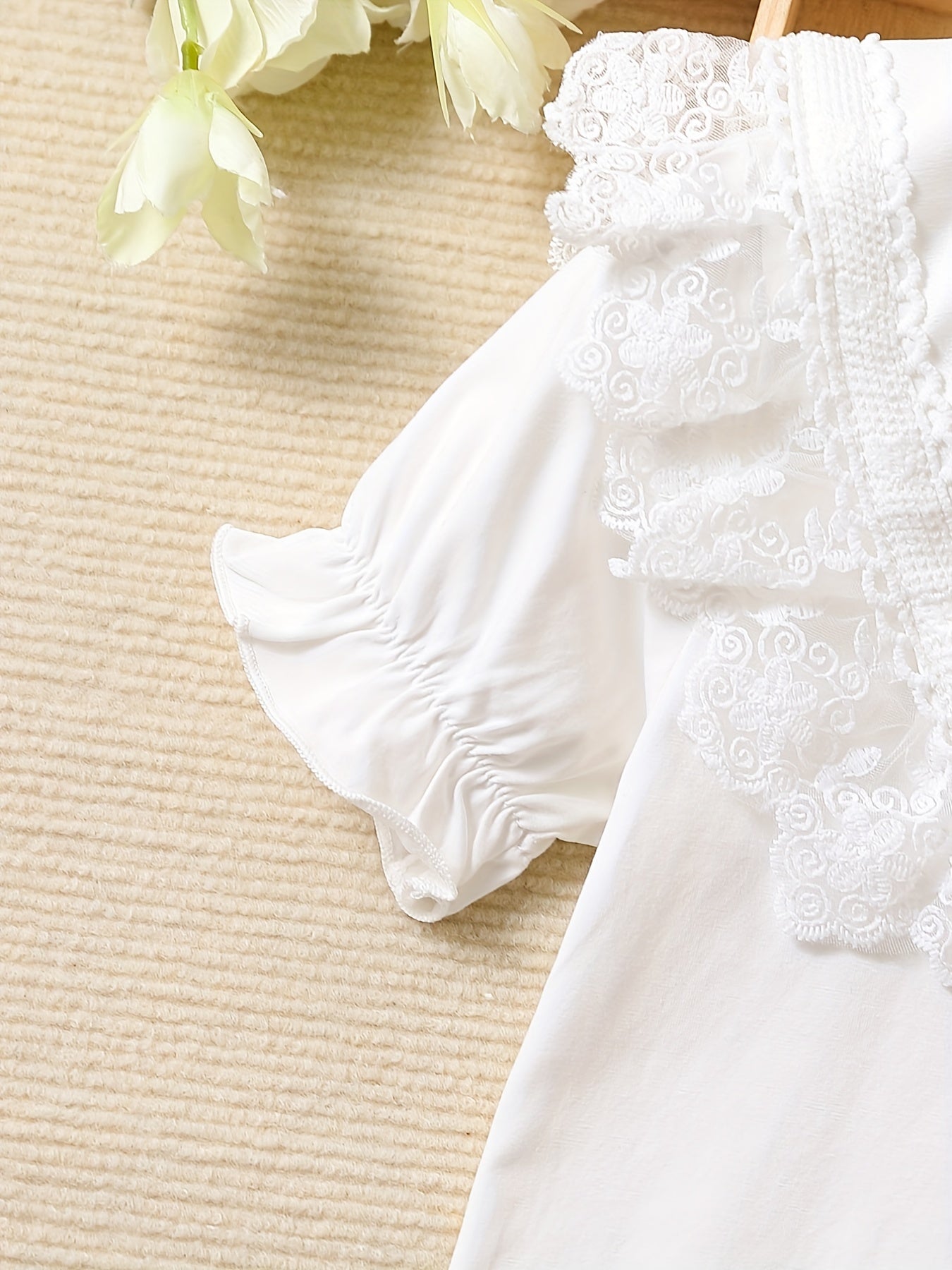 Girls' Cotton Knit Top with Lace Collar for Summer Breathable and Machine Washable