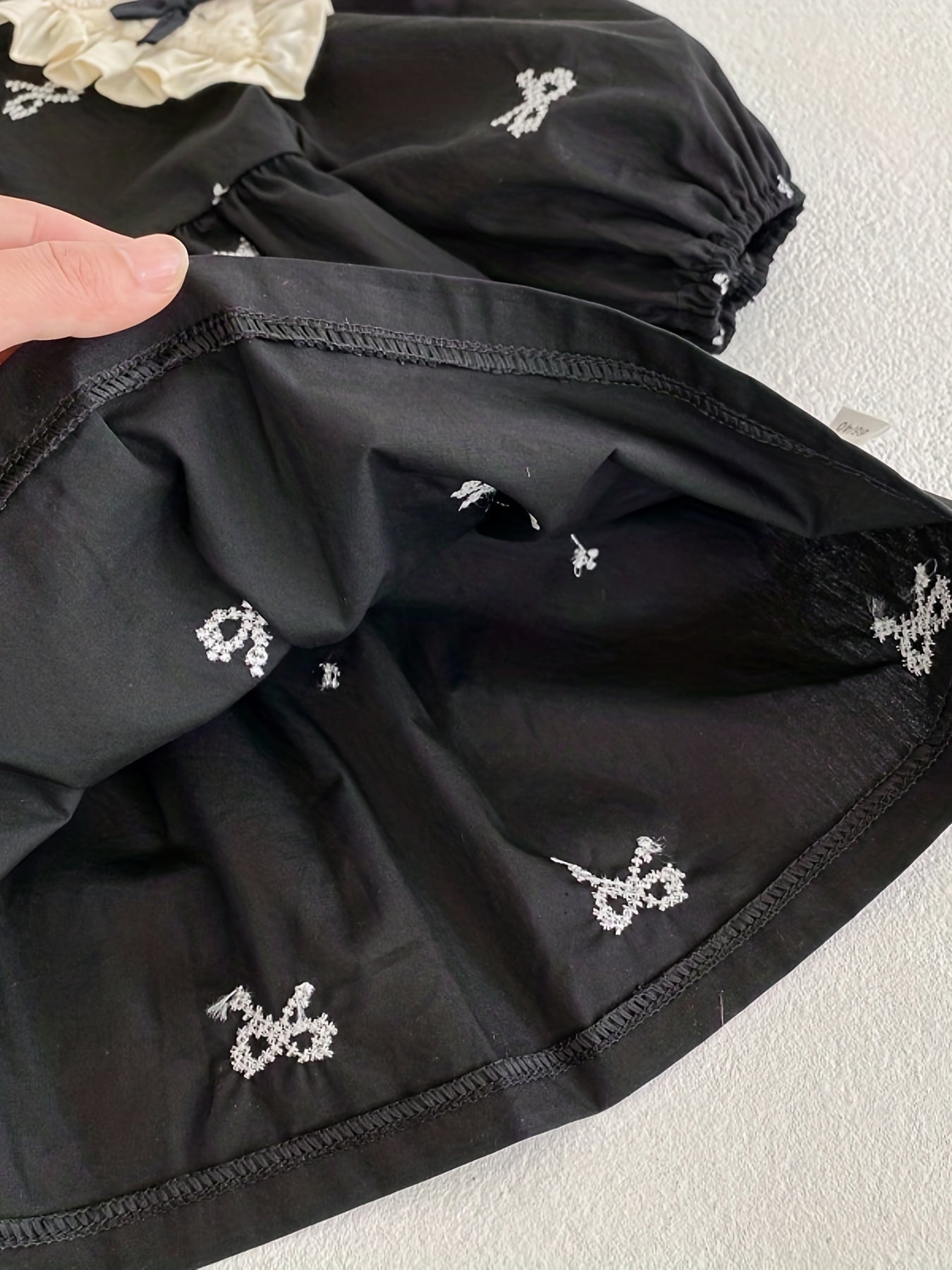 Girls Floral Print Black Cotton Dress with Butterfly Bow and Ruffled Collar for Spring Outdoor Activities