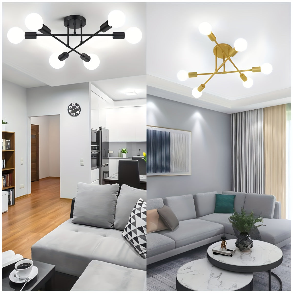 Modern Metal Chandelier with 6 Lights Black and Gold Flush Mount for Bedroom Kitchen Dining