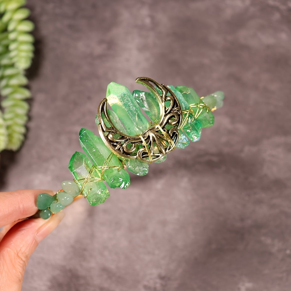 Women's Hair Accessory Headband with Natural Crystal and Moon Tiara Design