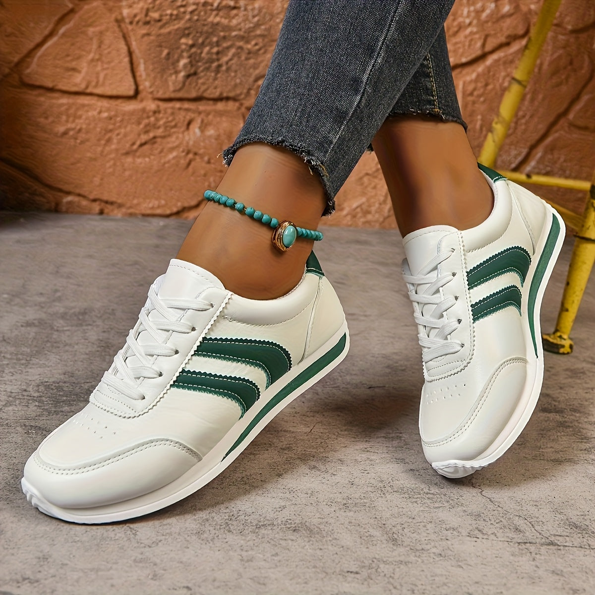 Women's White Synthetic Low-Top Lace-Up Sneakers with Green Navy Stripes