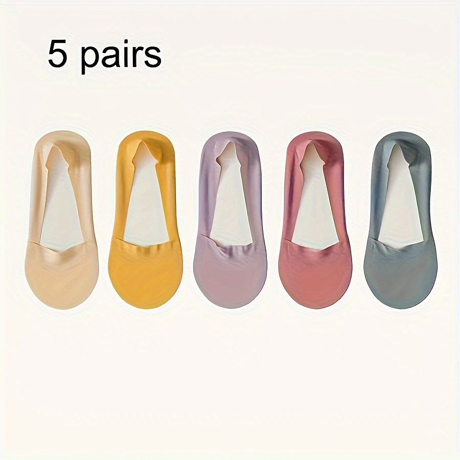 Women Ice Silk Invisible Socks 5 Pairs Non-Slip Breathable Low Cut