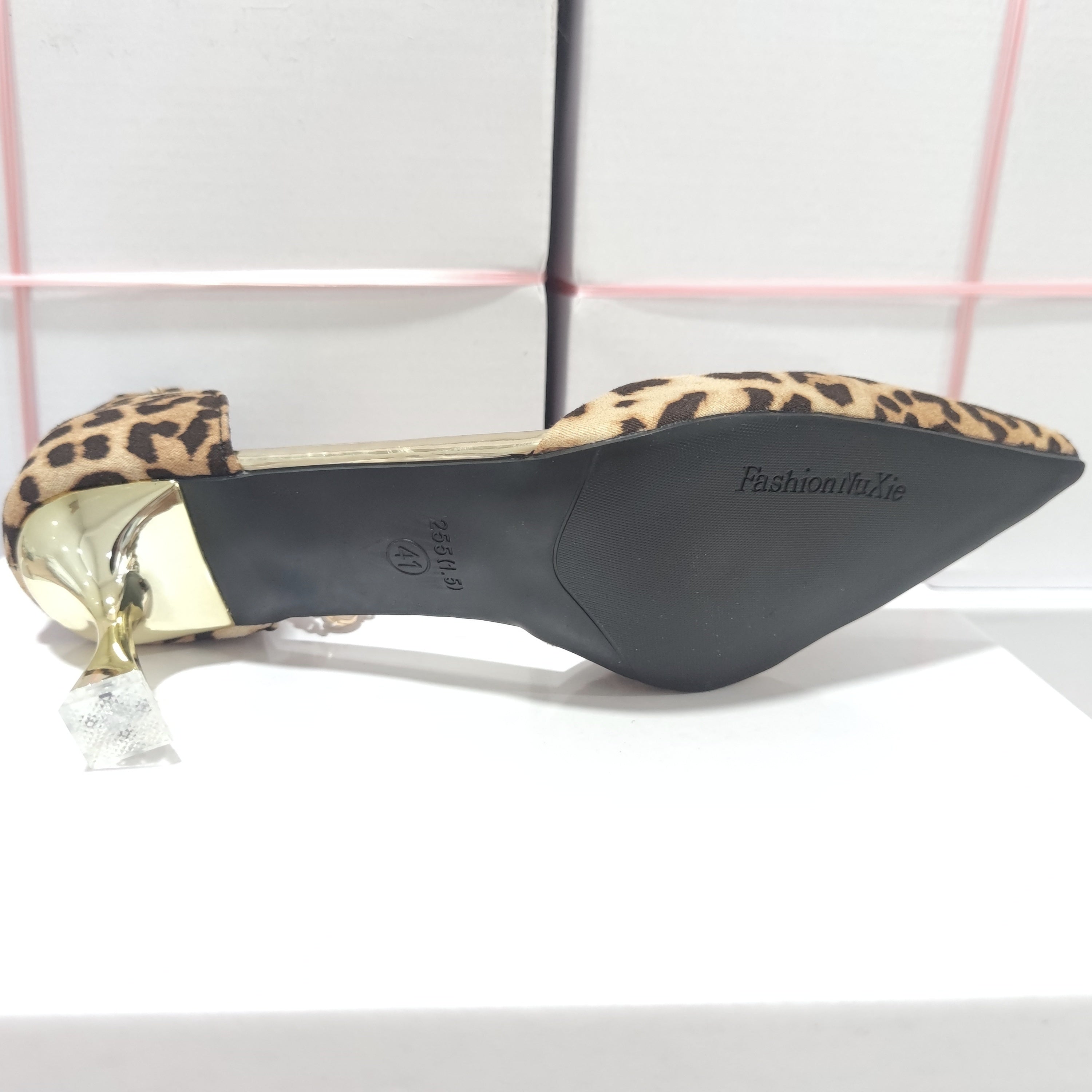 Women's Faux Pearl Strap High Heels with Leopard Print Pointed Toe Dress Shoes