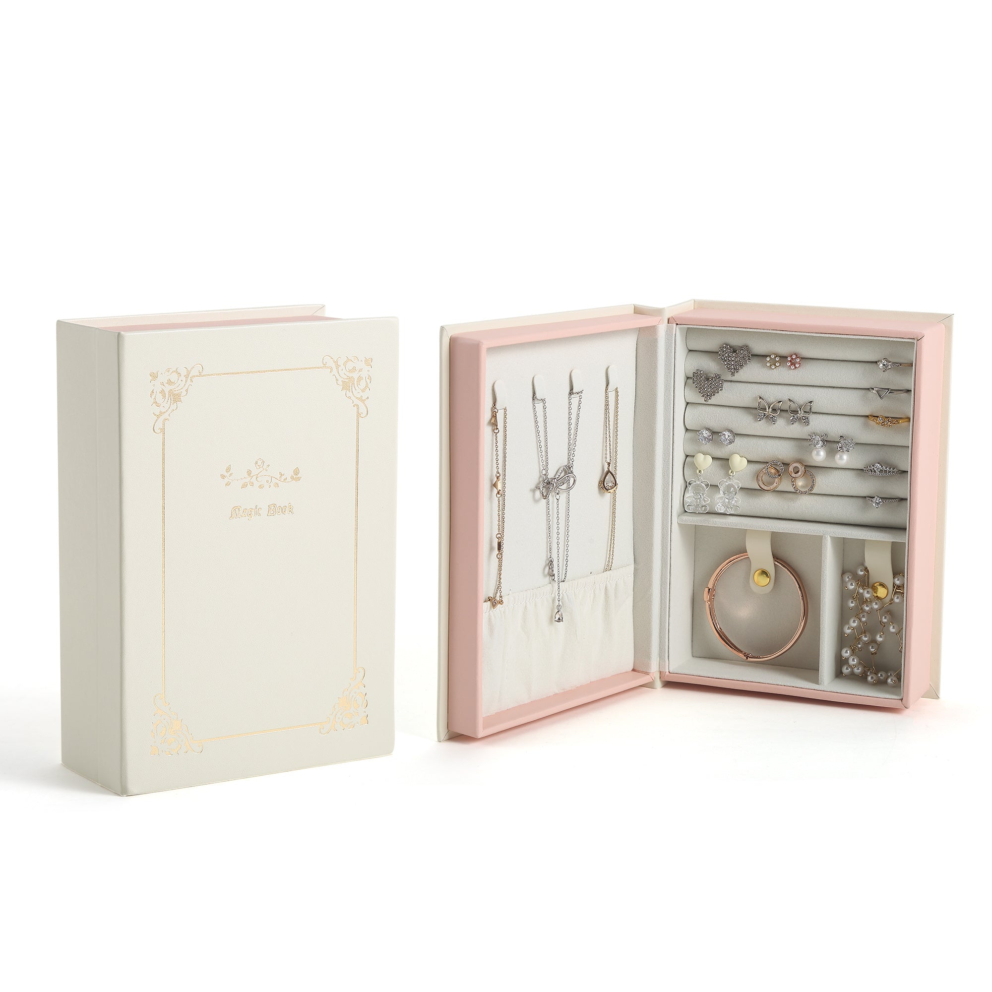 Caja organizadora de joyas magnética para pulseras, collares, anillos y diario en forma de diario