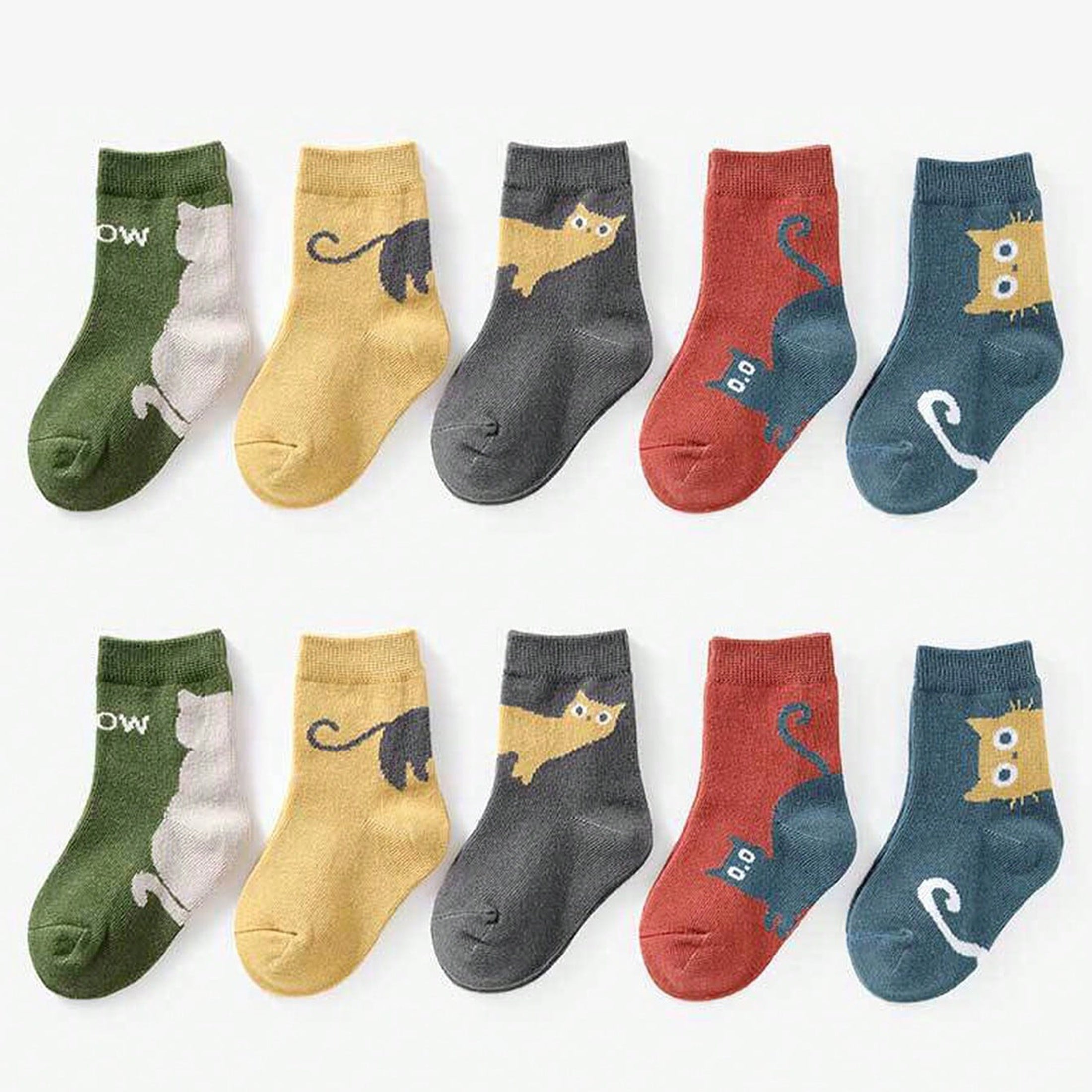 Bolalar uchun o'rta uzunlikdagi trikotaj paypoq, 5 ta paketda, multfilm mushuk naqshli, Polyester aralashmasi, barcha mavsum uchun