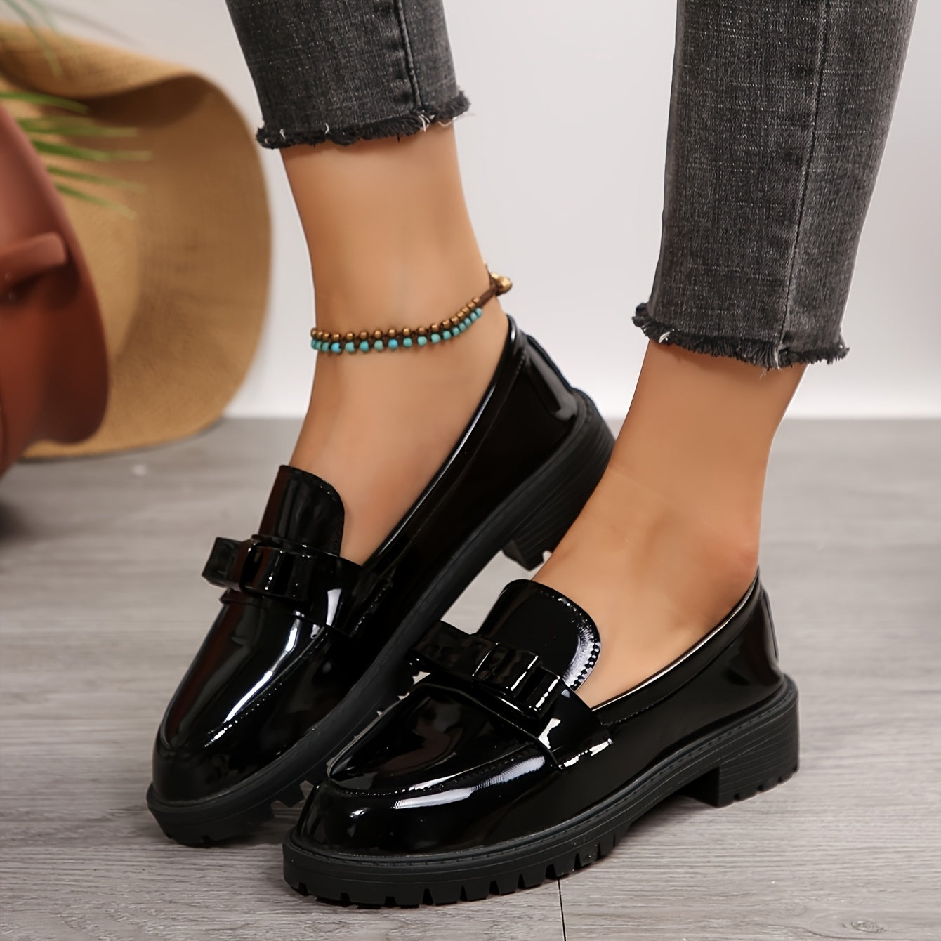 Women's Black Faux Leather Loafers with Bow Detail Slip-On Dress Shoes for Spring and Autumn