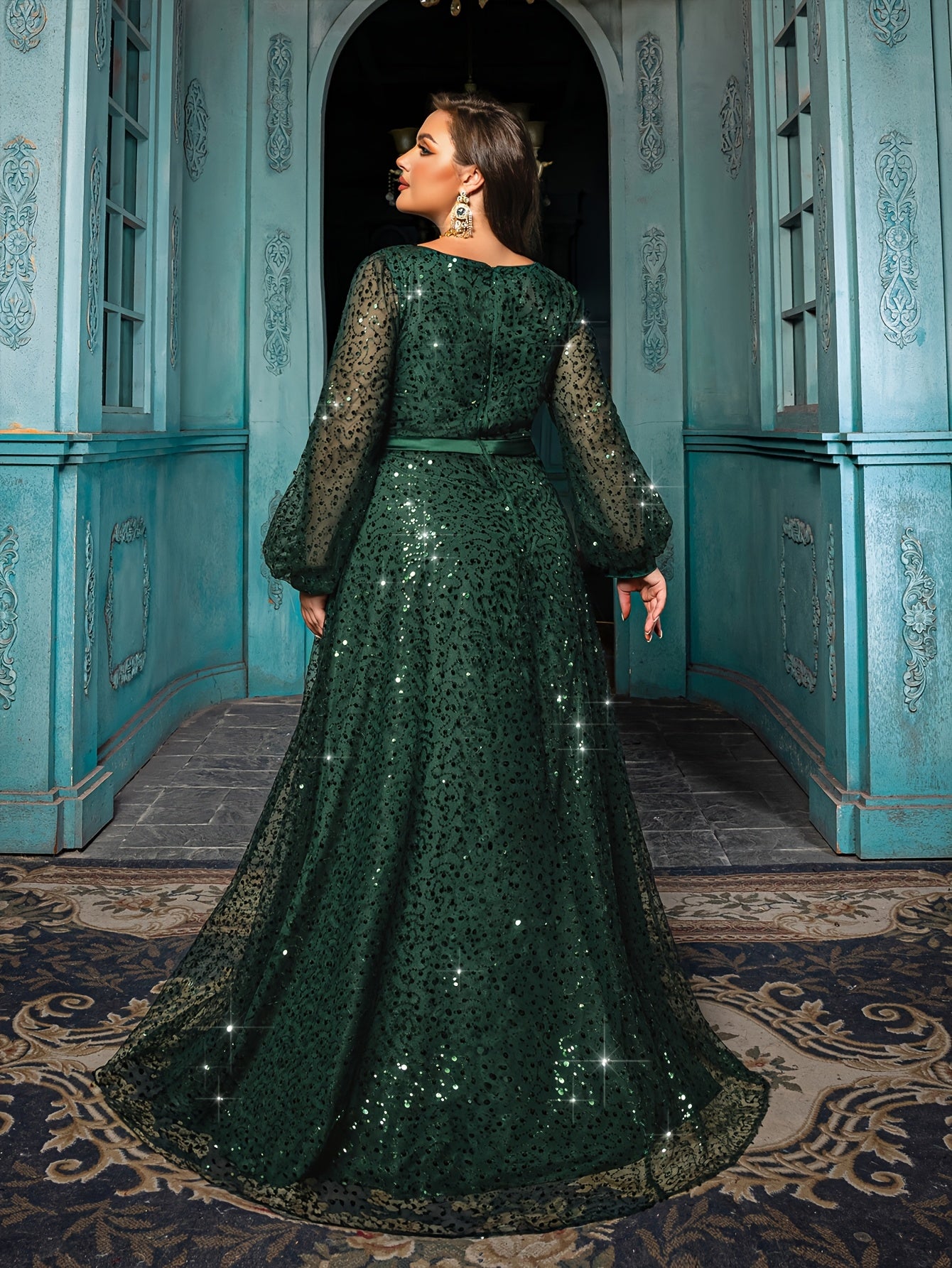 Women Emerald Green Sequin V-Neck Gown with Lantern Sleeves Formal Evening Dress
