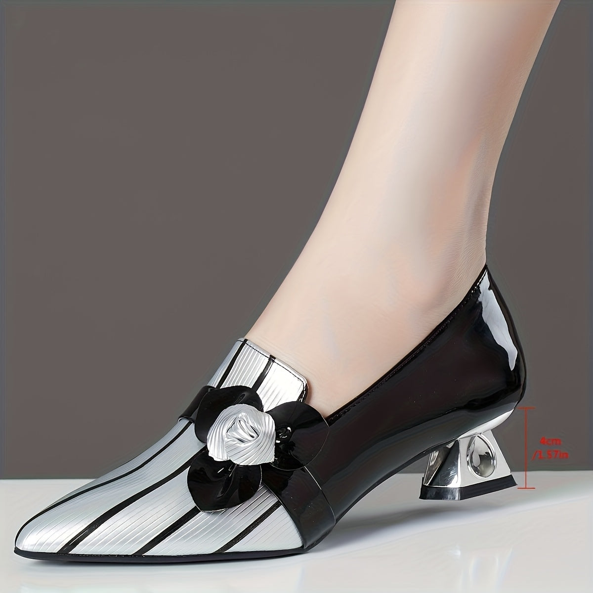 Women Black Silver Pointed Toe Pumps Mid-Heel Synthetic Rubber Fall Fashion