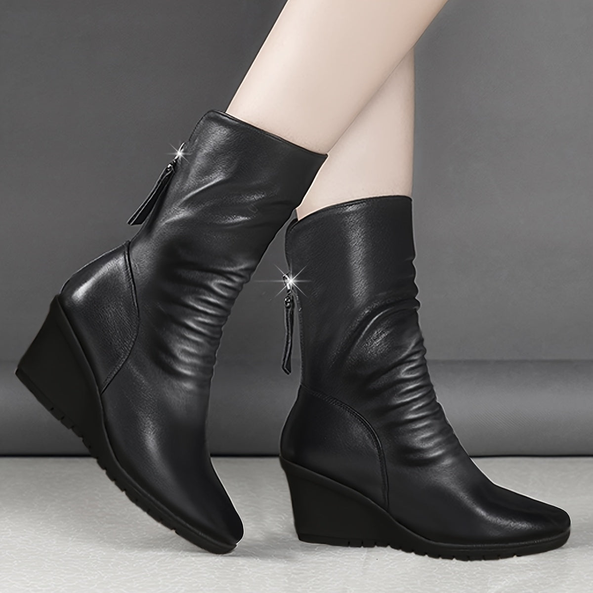 Women's Mid-Calf Faux Leather Boots with Wedge Heel for Autumn Winter