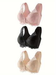 Women's Black Floral Lace Push-Up Bralette Wireless Front Closure Seamless Lingerie