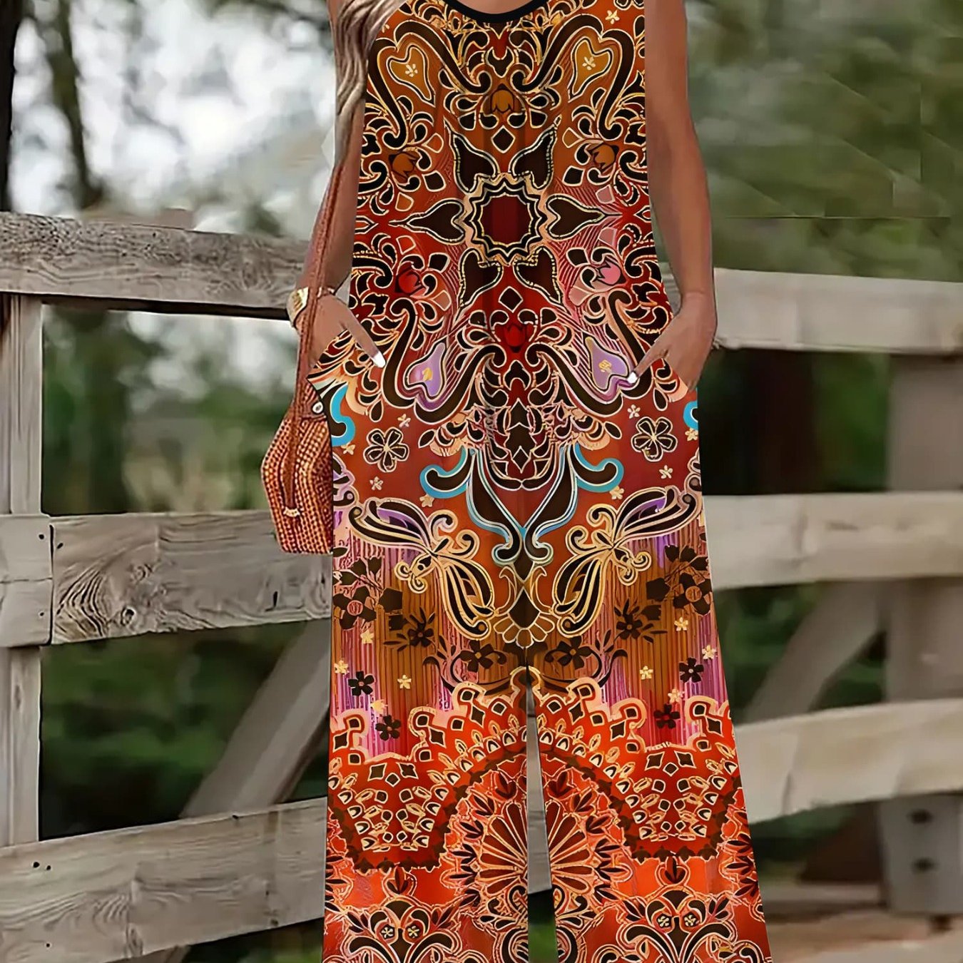 Pantalones sin tirantes con estampado 3D de tótem casual para mujer con bolsillos