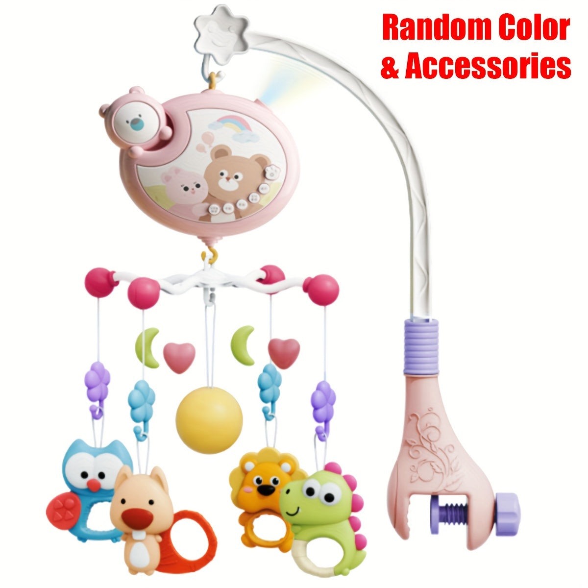 Bolalar uchun yoritgichli mobil, musiqa va aylanuvchi o'yinchoqlar bilan, BPAsiz plastmassa, aralash ranglar