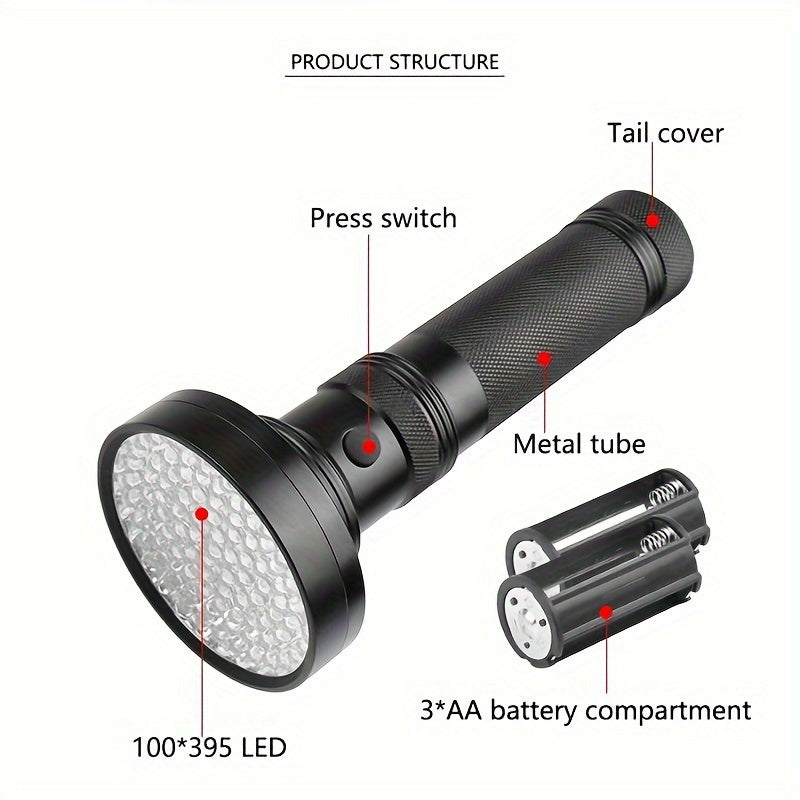 UV Blacklight Flashlight UV395nm Ultraviolet LED with Metal Body, Battery Powered, 21/51/100 LEDs