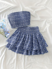 Women's Off-Shoulder Geometric Print Two-Piece Outfit Polyester Spandex Shirred