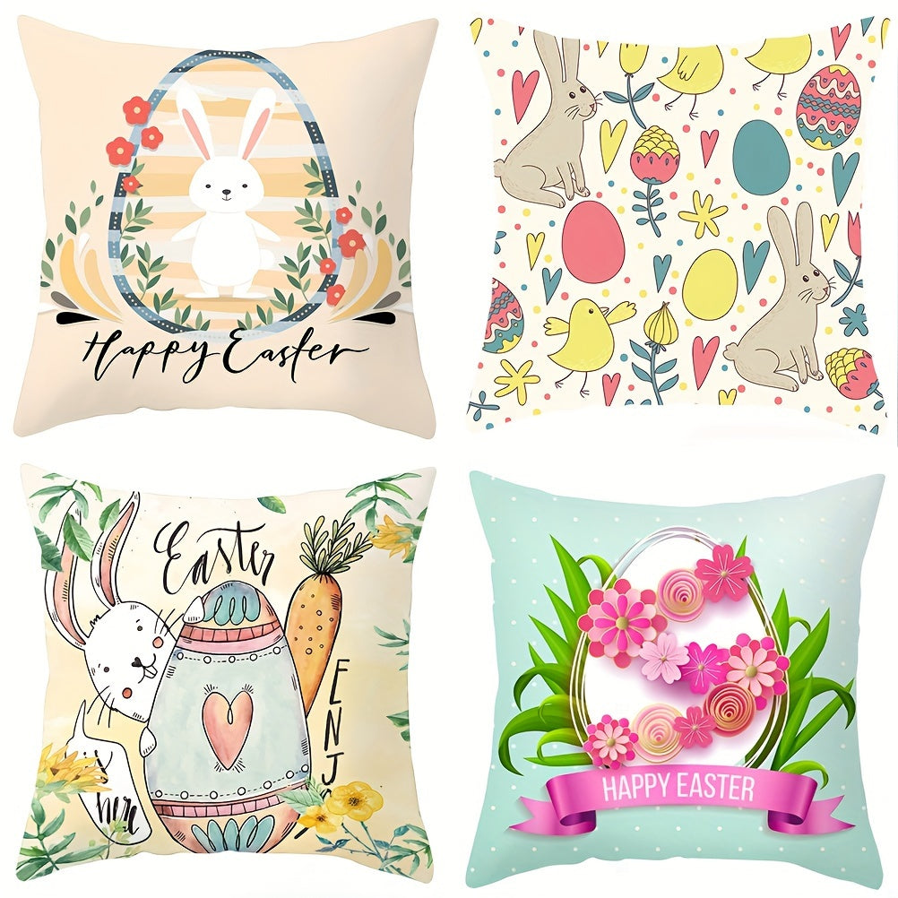 Easter Bunny and Eggs Pillow Cover Square 44cm Stain-Resistant Polyester Hidden Zipper Decor