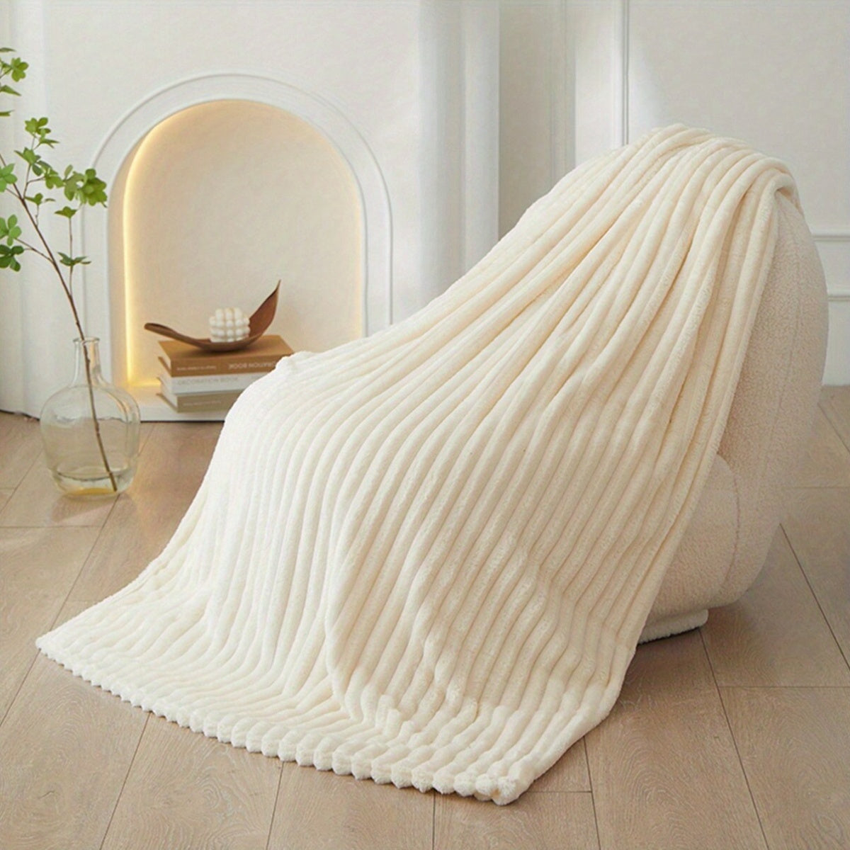 Coral Fleece Throw Blanket with White Stripes Soft Cozy Polyester Jacquard for Bedroom Sofa Living Room Lightweight All-Season