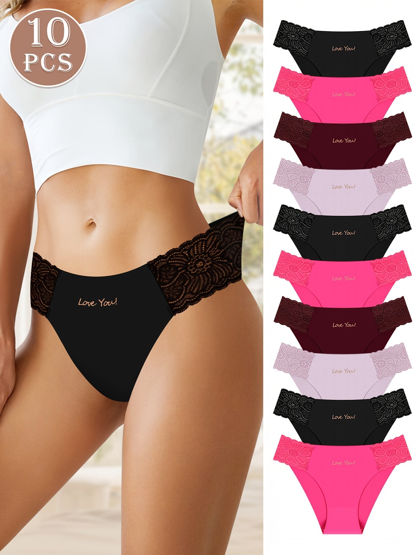 Women's Low-Rise Lace Panties 10 Pack Breathable Nylon Blend Floral Lace Assorted Colors