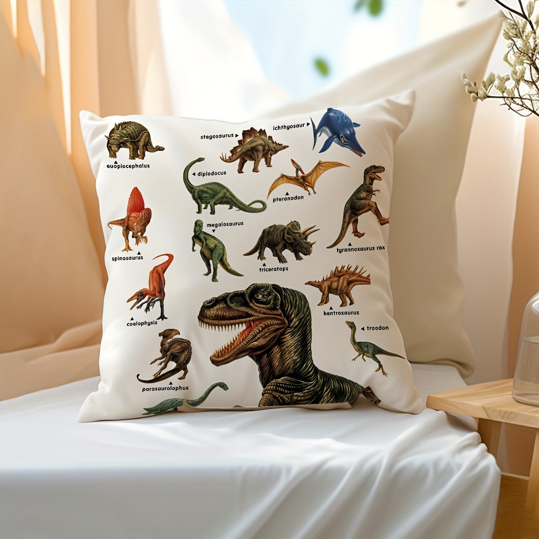 45x45cm Dinosaur Educational Illustration Pillowcase Made from Peach Skin Velvet for Sofa Bed Car Decor