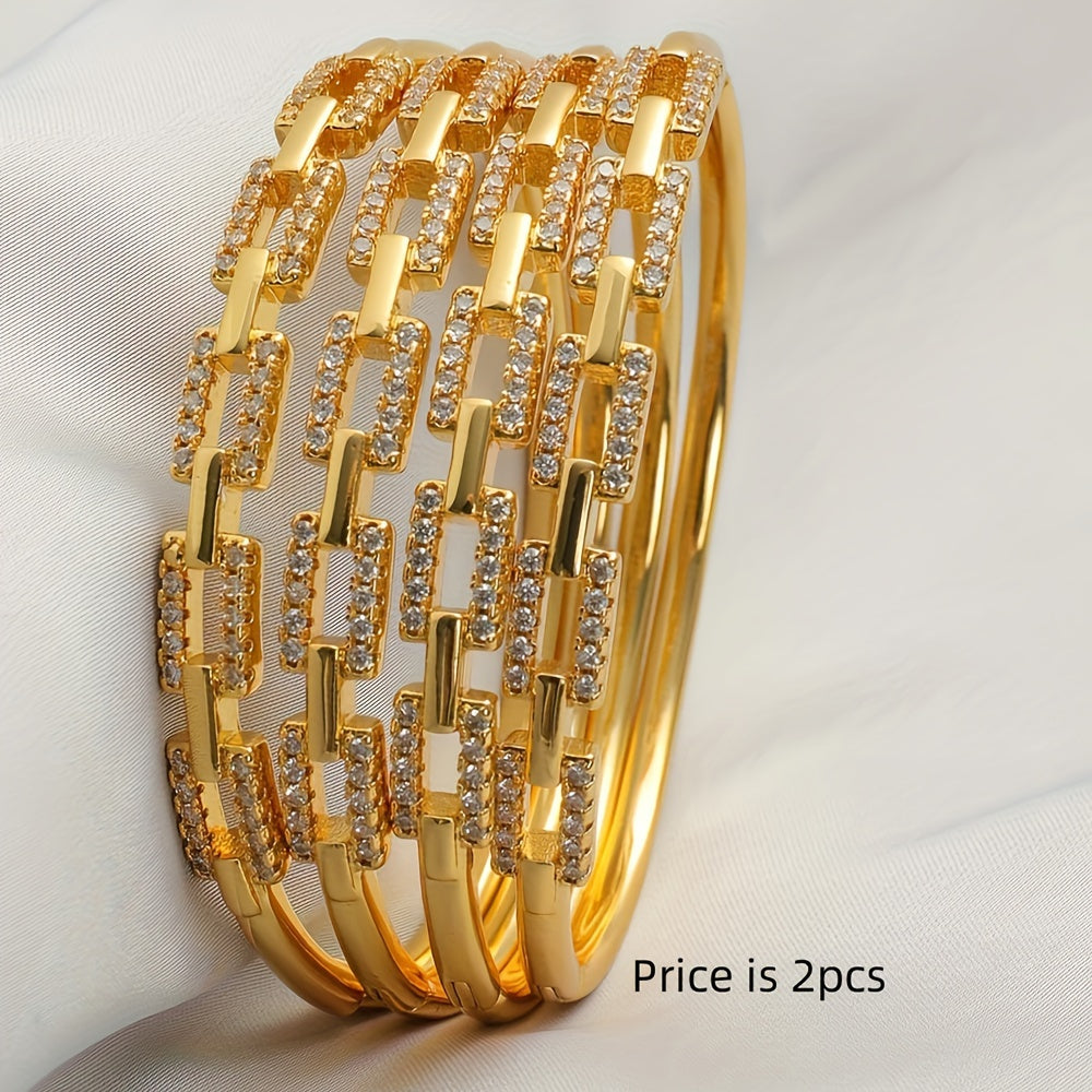 Set of 2 Zirconia Stone Bridal Cuff Bracelets 24K Gold Plated Copper for Weddings and Gifts