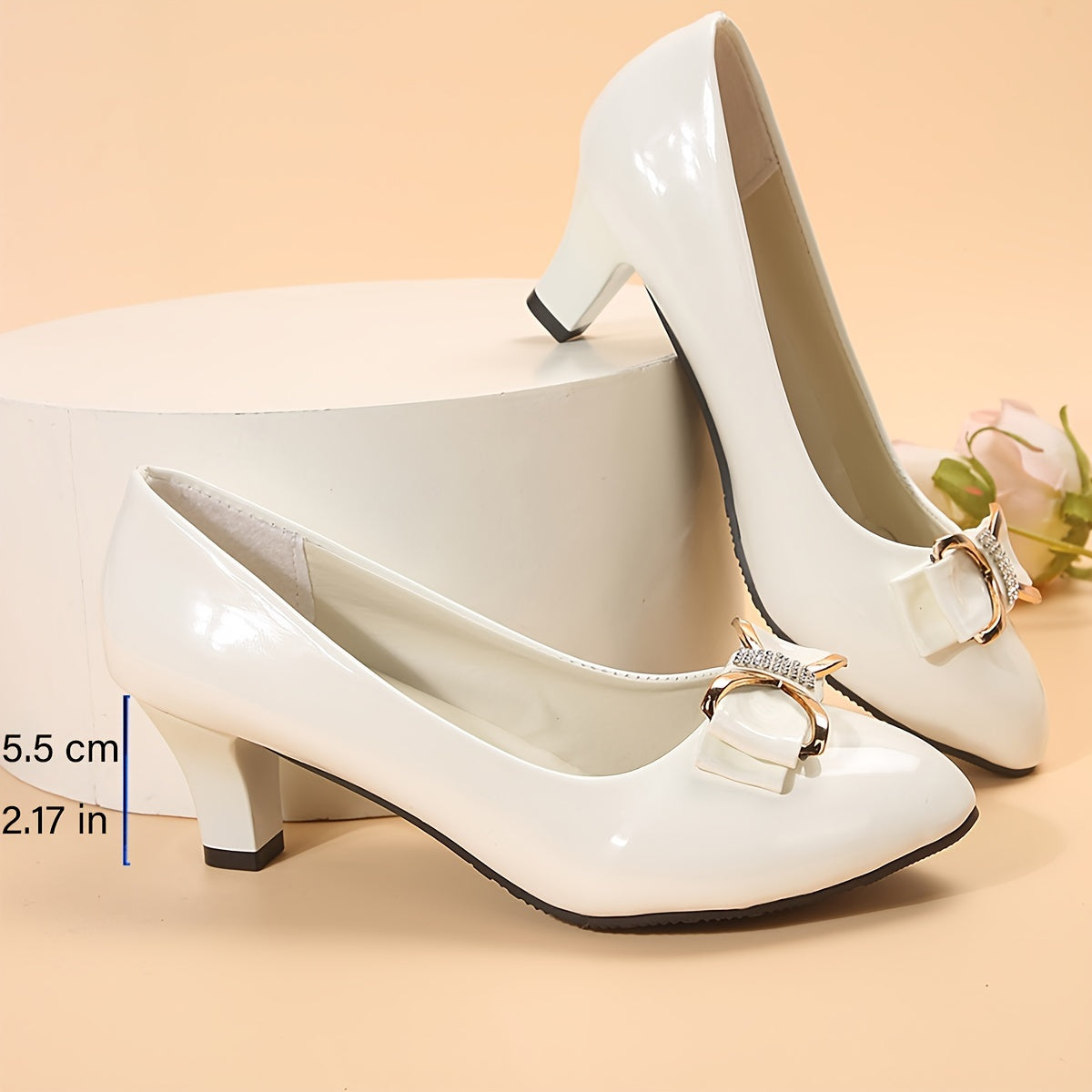 Women's Rhinestone Bow Pumps Chunky Heel Pointed Toe Dress Shoes