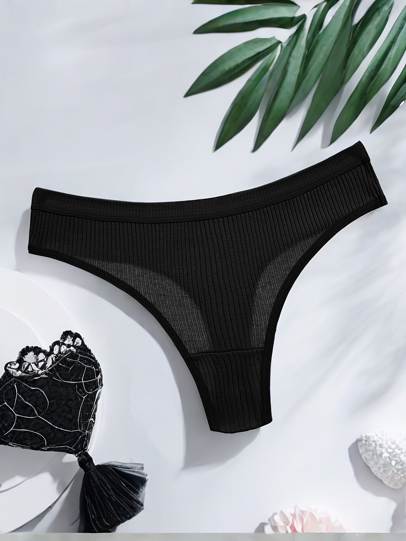 Women's Black Semi-Sheer Ribbed Thong Panties with Side Stripe and Low Rise
