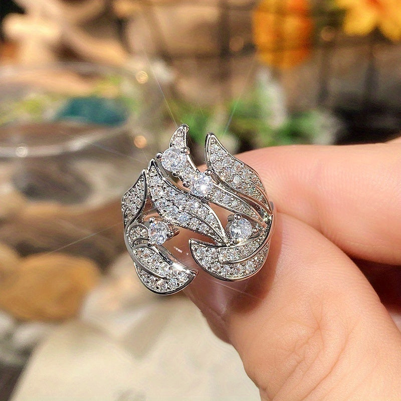 Women's Silver Plated Micro Pave Zirconia Flower Leaf Ring Jewelry