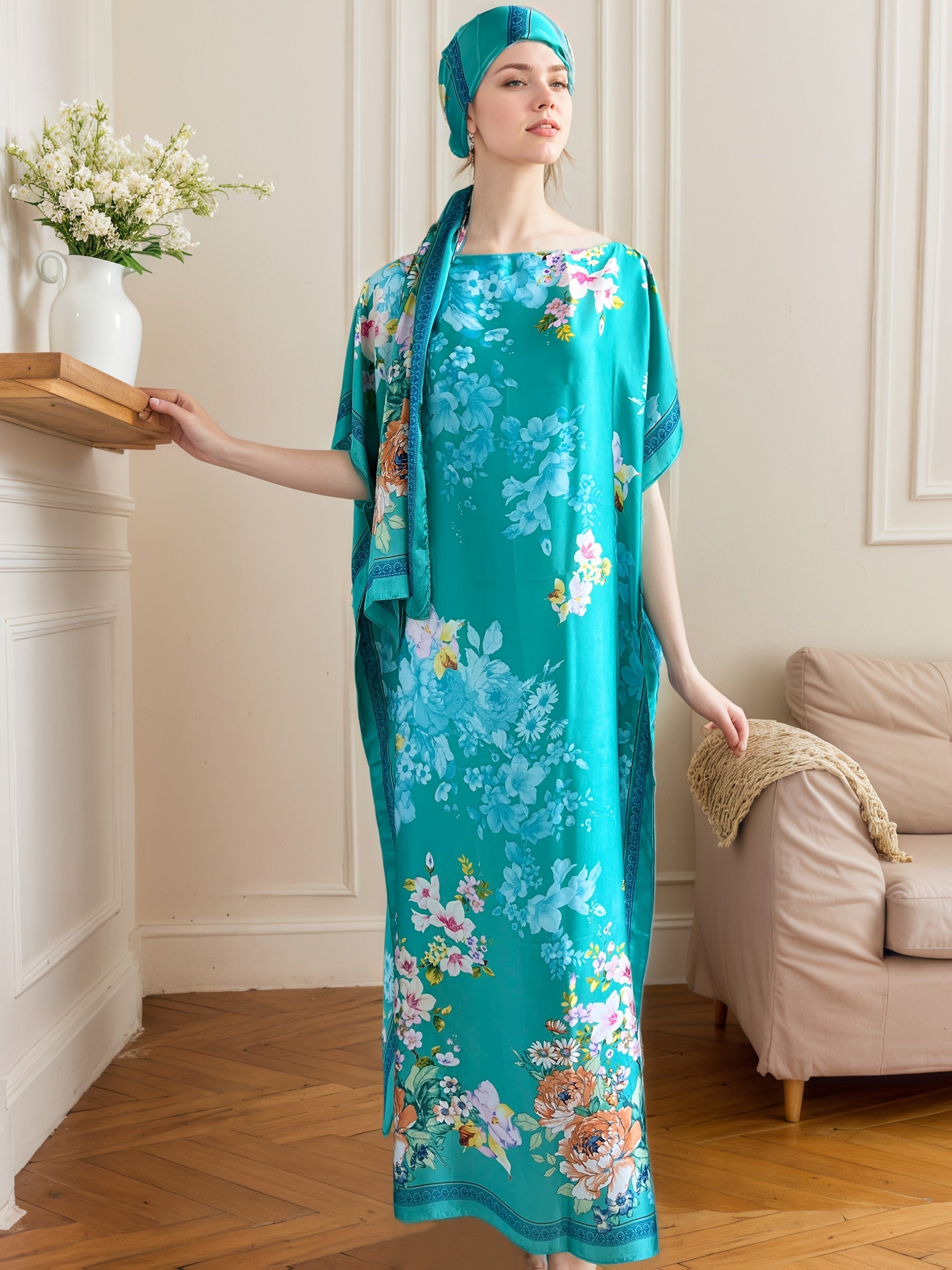 Plus Size Floral Print Batwing Sleeve Maxi Dress for Women, Casual Summer Wear