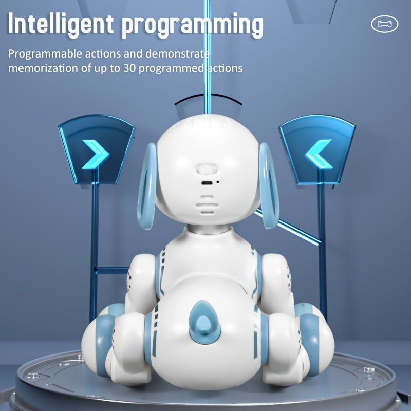 Juguete robot interactivo para niños de 3 años en adelante, perro RC programable en azul y blanco con control remoto por infrarrojos