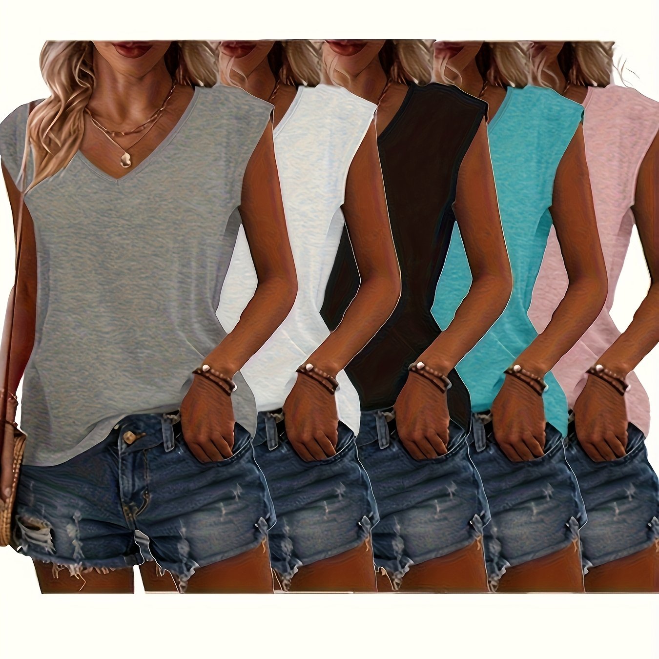 Women Solid Color V-Neck T-Shirts Short Sleeve Casual Spring Summer