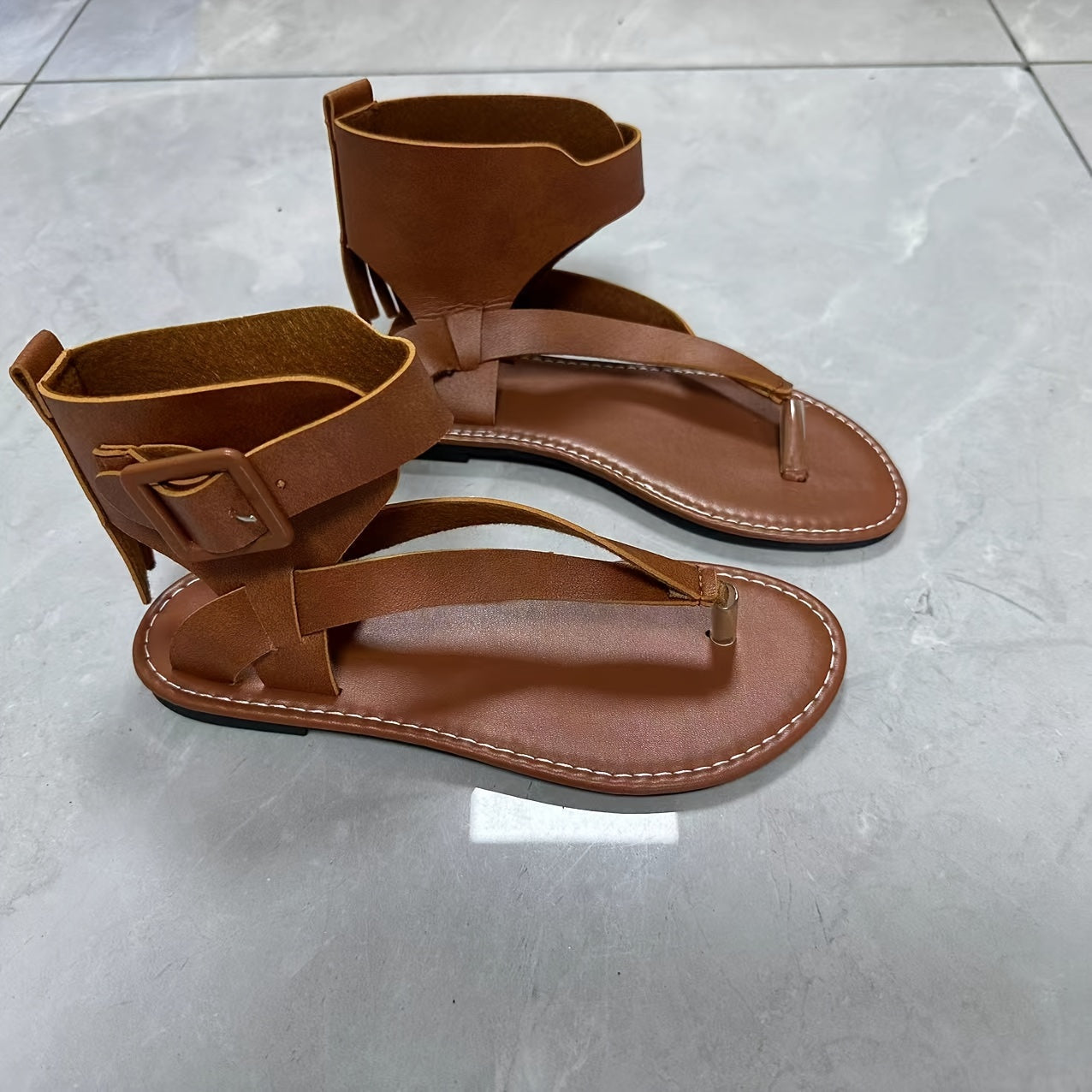 Women's Black Flat Sandals with Ankle Strap Faux Leather and EVA Sole