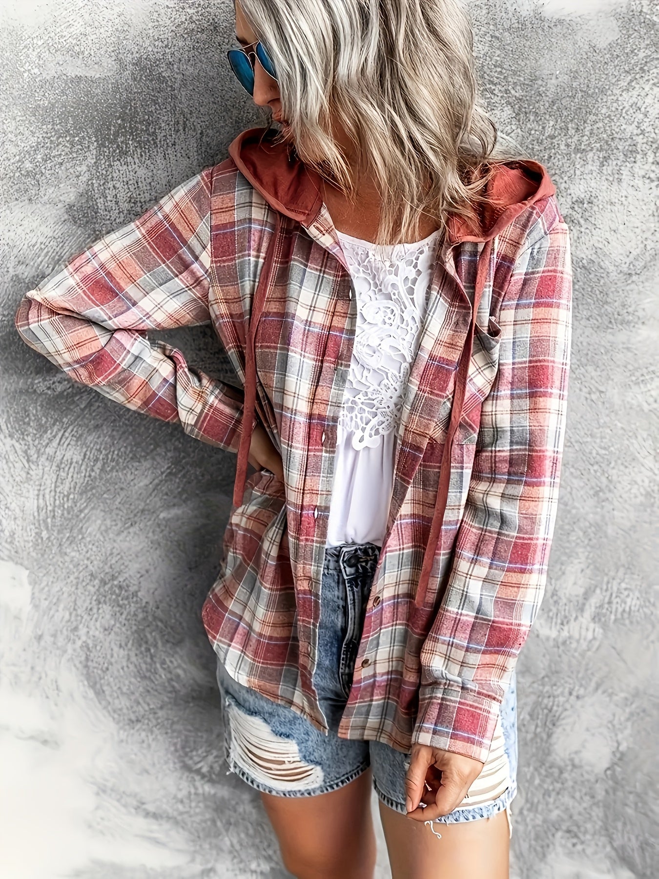 Women's Plaid Hooded Blouse Casual Fall Spring Drawstring Weekend Wear