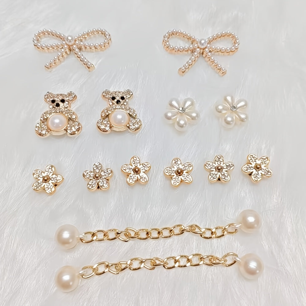 Unisex Pearl and Crystal Shoe Charm Set Detachable Accessories for Sandals
