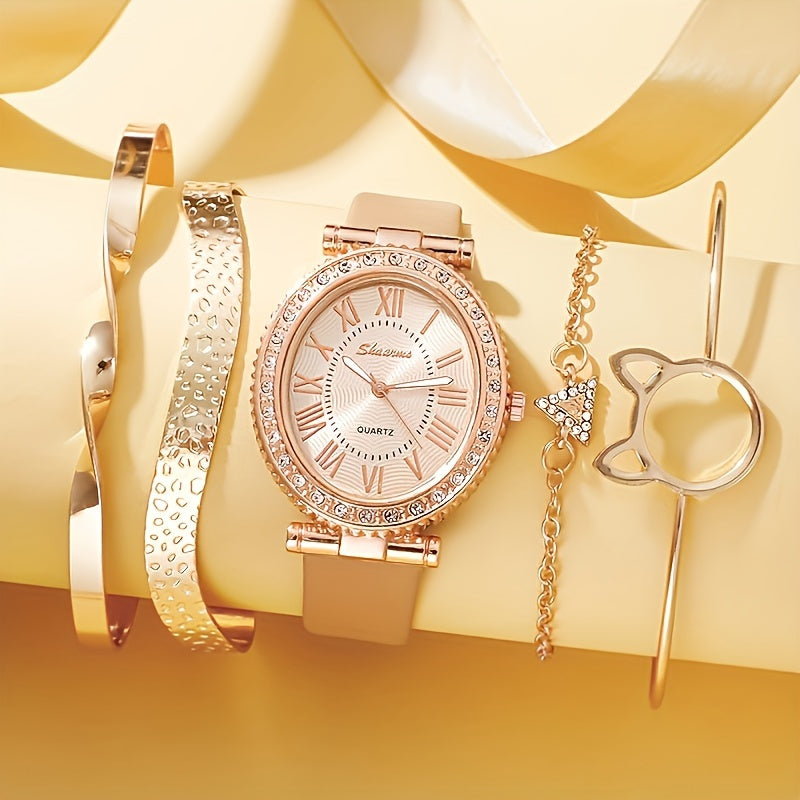 Роскошный набор из 5 женских часов с кварцевым механизмом и стразами. Элегантный овальный корпус с ремешком из PU-кожи. Идеальный подарок для мамы или для нее. Модные часы с классическим дизайном.