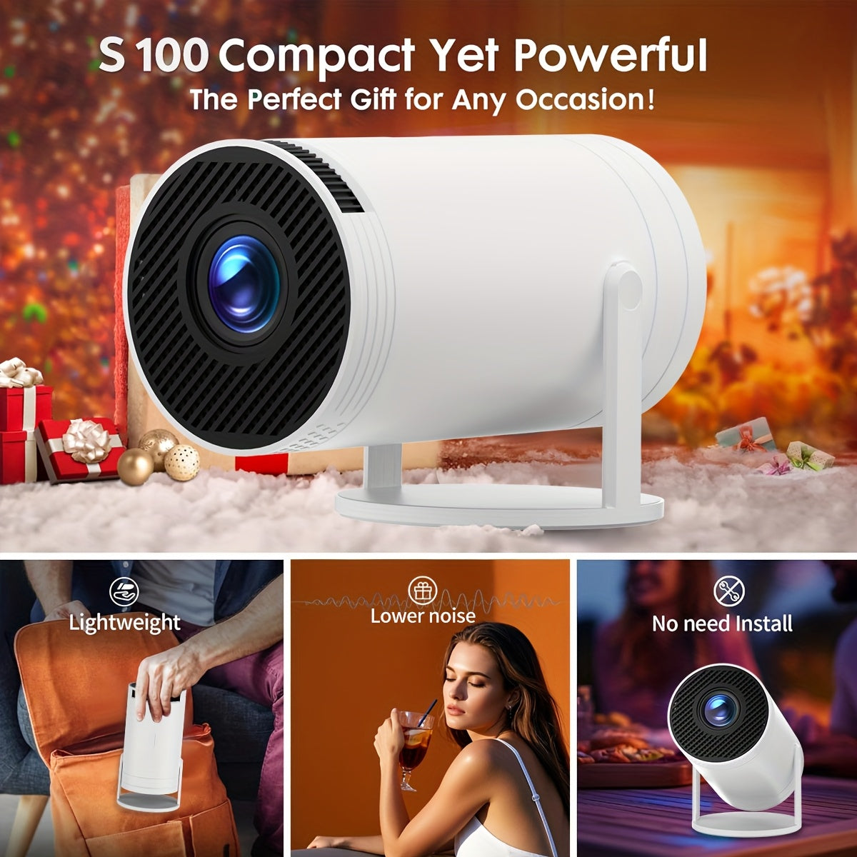 Proyector mini portátil 1080P soporte 180° rotatorio corrección trapezoidal automática blanco