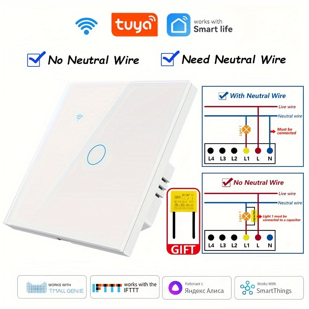WiFi Smart Switch EU Plug No Neutral Wire Needed Voice Control Compatible with Alexa Google Home 1/2/3/4 Gang Tempered Glass Panel