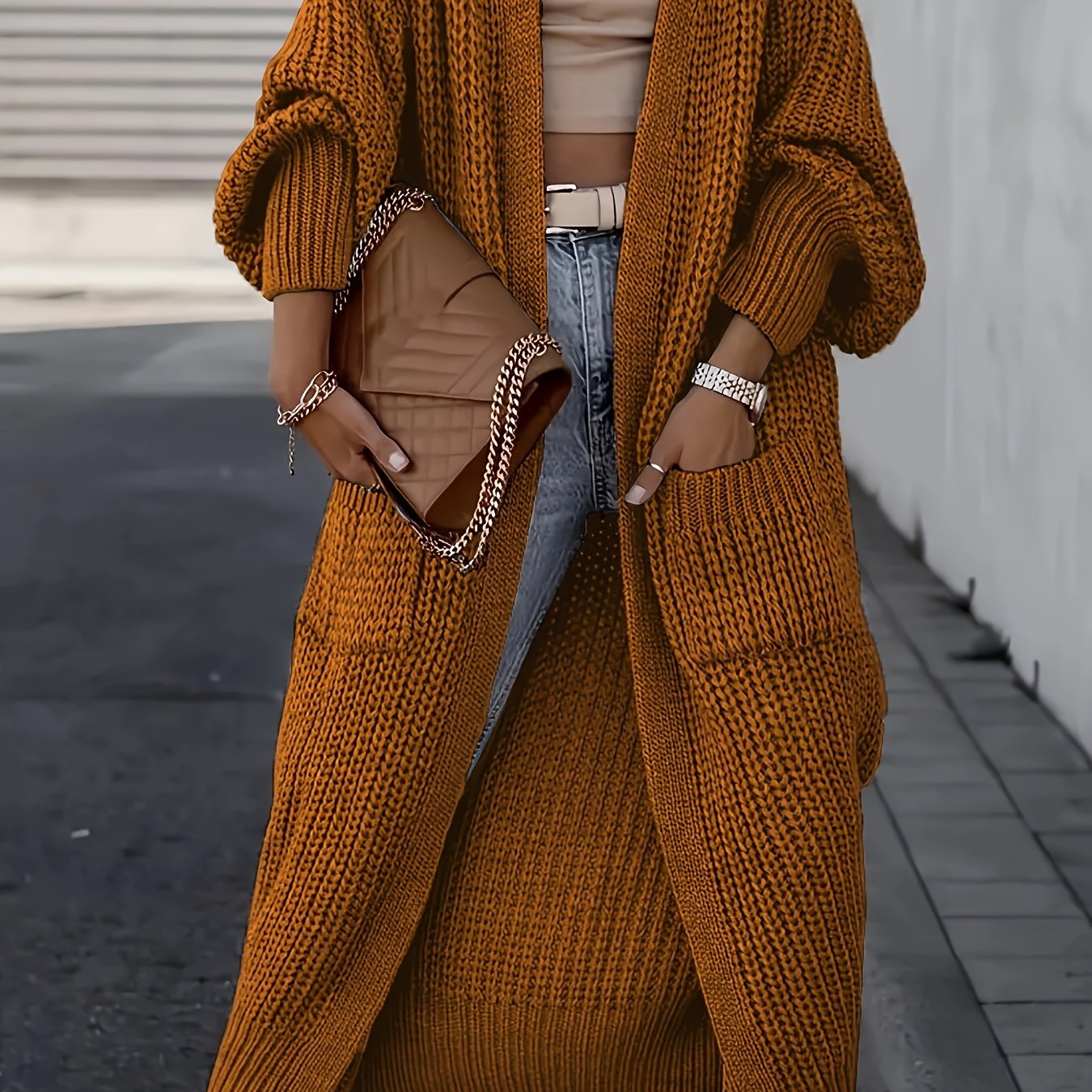 Plus o'lcham ayollar uchun kundalik uzun qo'lqopli kardigan zaytun yashil, kuz-qish