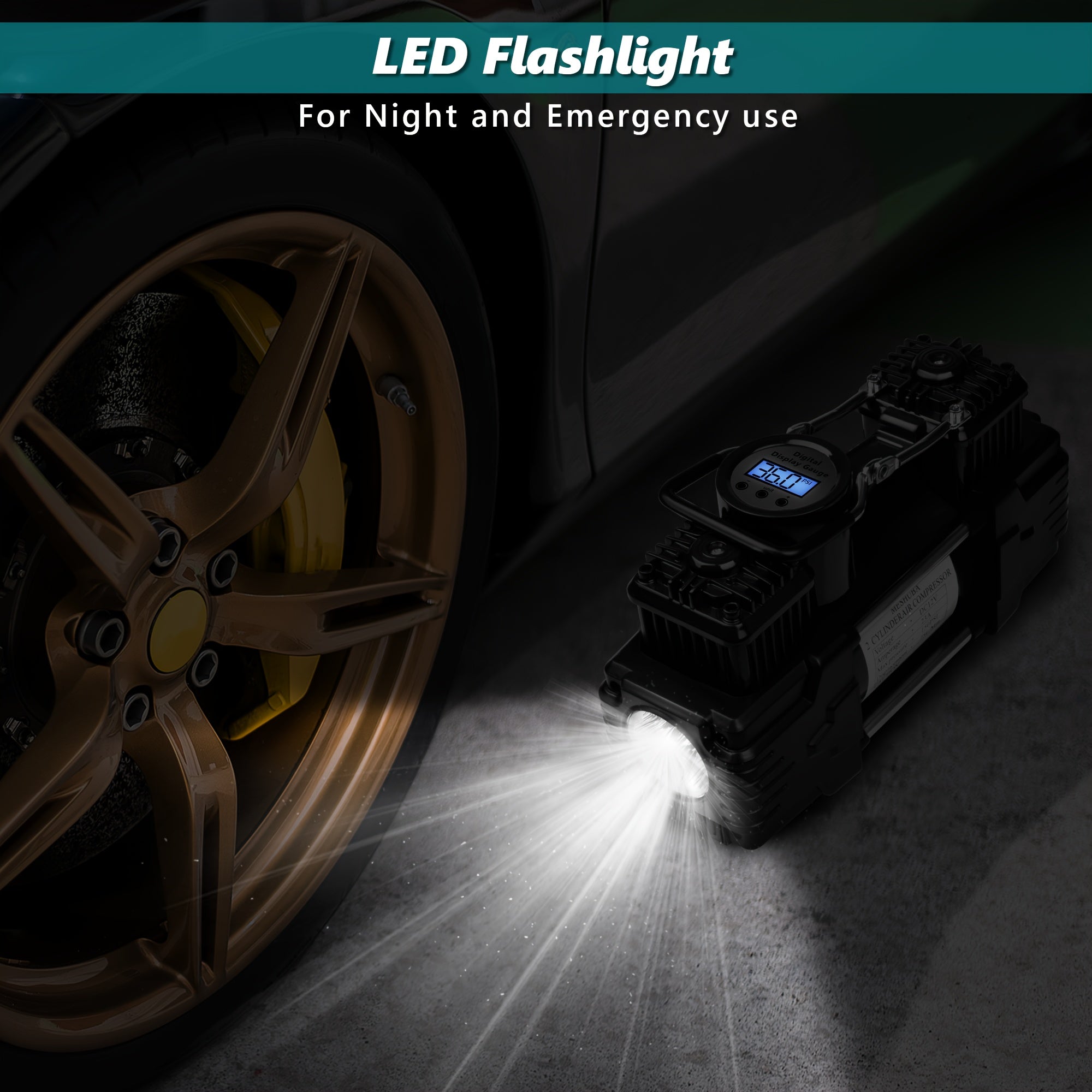 Twin Cylinder Portable Air Compressor with Digital Gauge and LED Light 12V 150 PSI