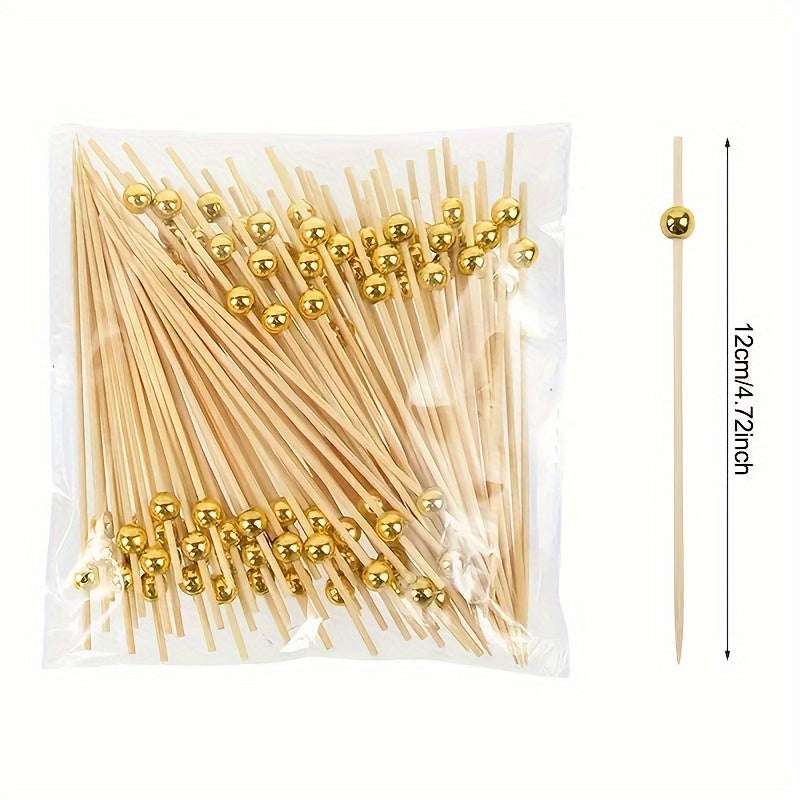 Set of 100 Bamboo Cocktail Picks with Pearls for Appetizers and Fruit Skewers