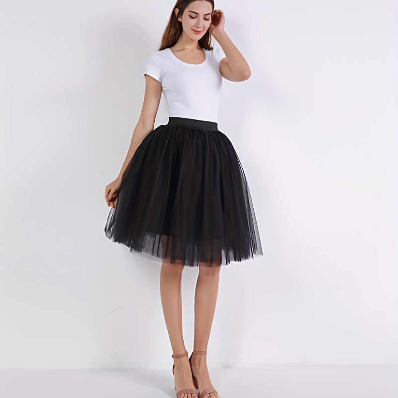 Women’s Mesh Ballet Skirt Mid-Length Tutu Pleated Dance Skirt Solid Colors