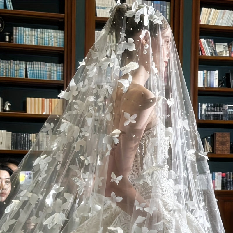 Bridal Veil with Imitation Pearls and Butterfly Detailing for Weddings