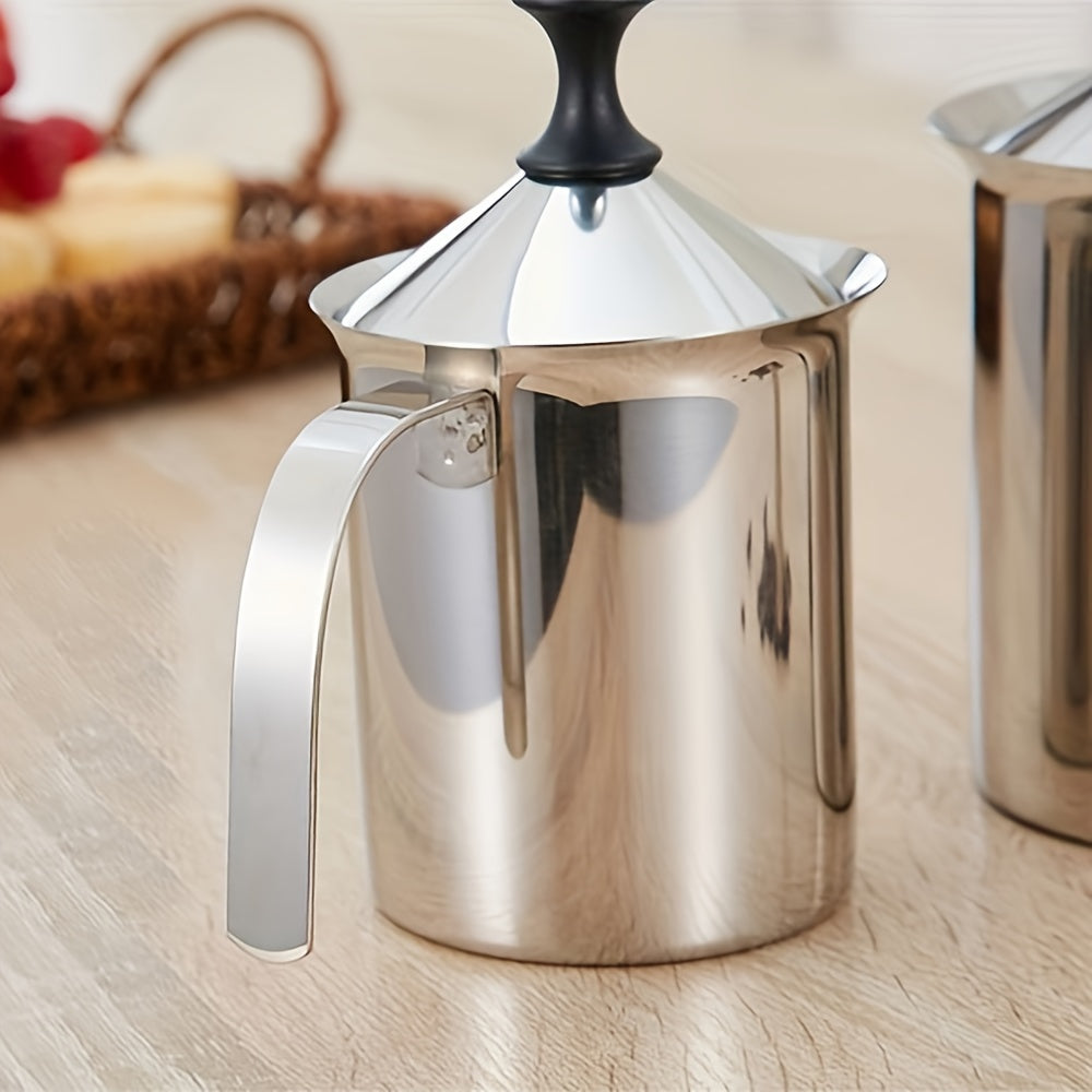Stainless Steel Milk Frother Handle Lid Double Layer Filter Foam Pitcher
